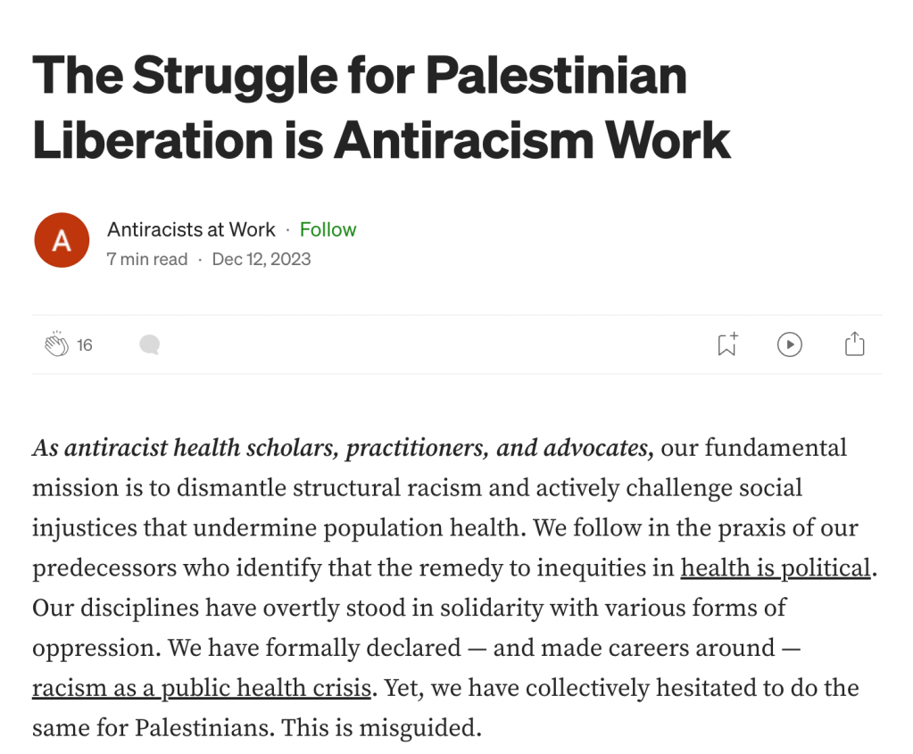 A sample of the statement in support of Palestine titled "The Struggle for Palestinian Liberation is Antiracism Work"